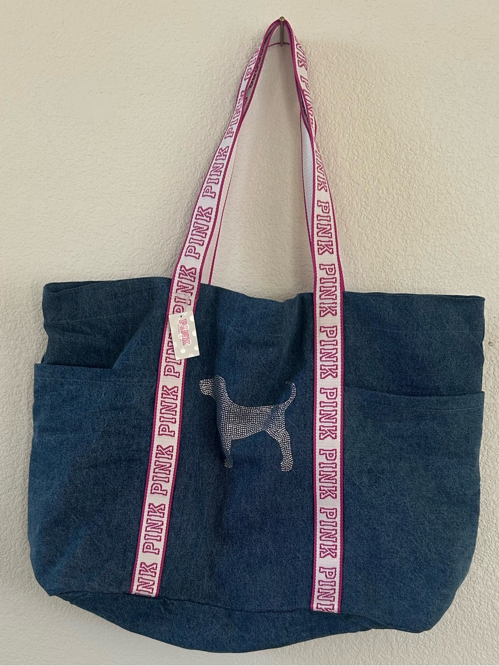 PINK Victoria's Secret Navy Denim Tote with Pink Logo Straps